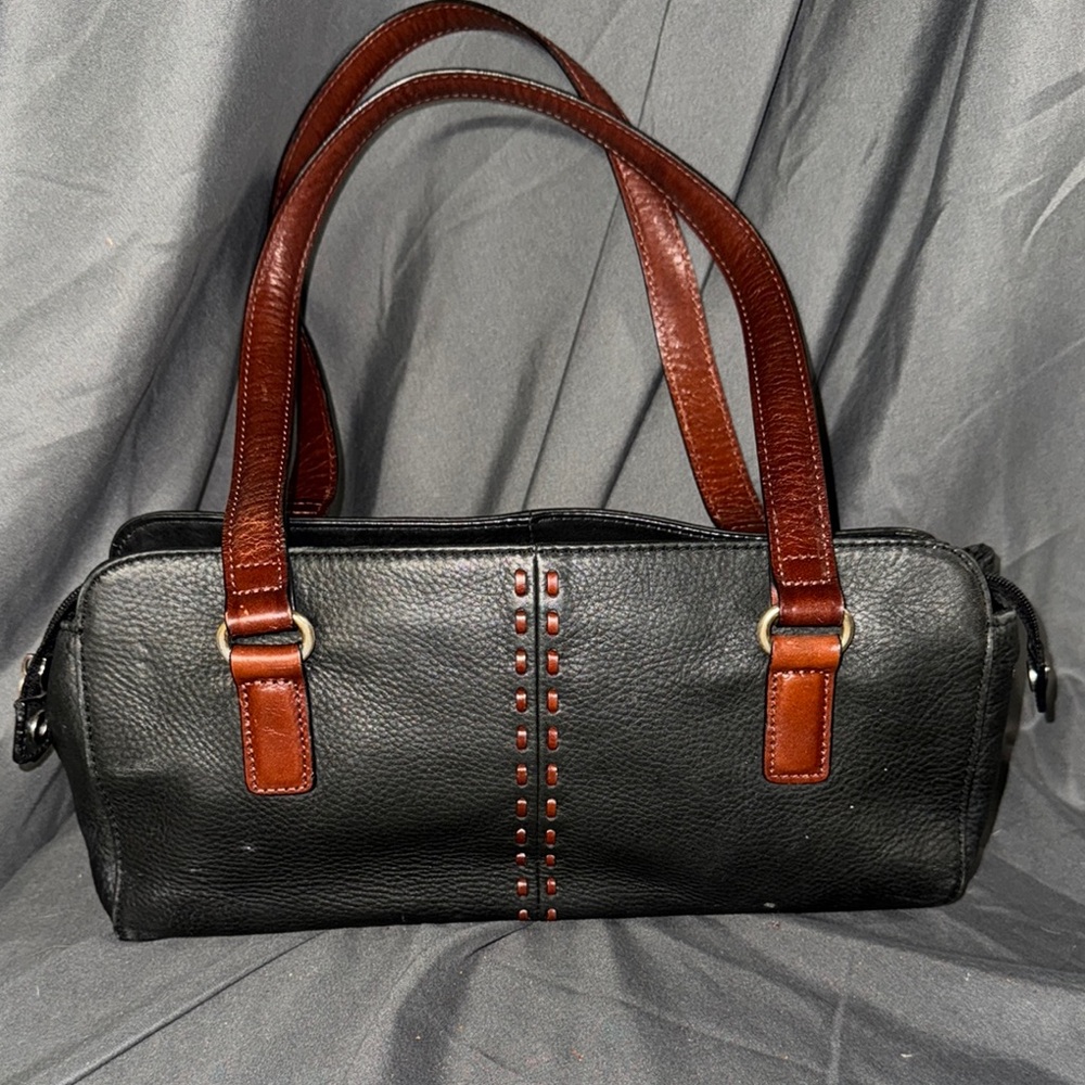 Fossil Vintage Black Leather Shoulder Bag with Brown Straps